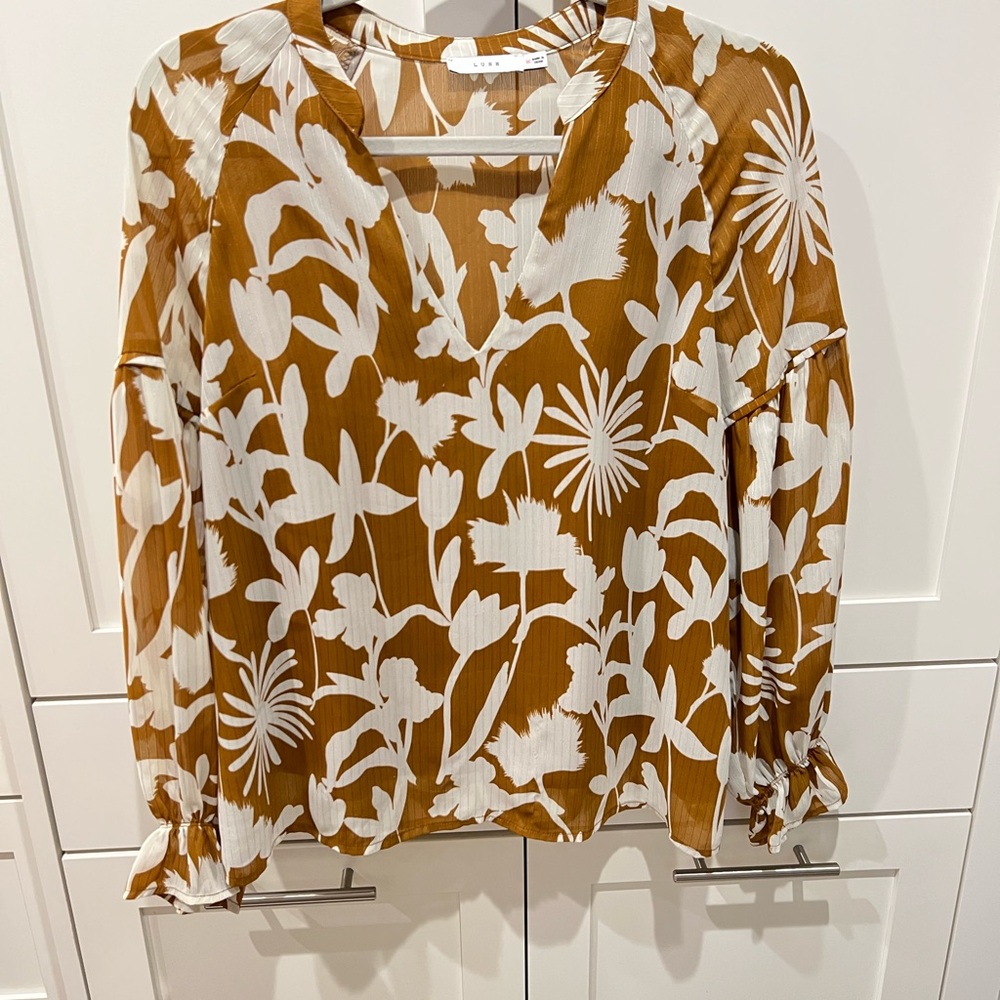 Lush White and Brown Graphic Blouse with Mandarin Collar